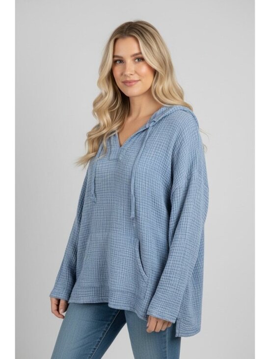 Natural Reflections Tops - Natural Reflections Waffle Knit Hooded Pullover Top Blue Cotton 2X Oversized